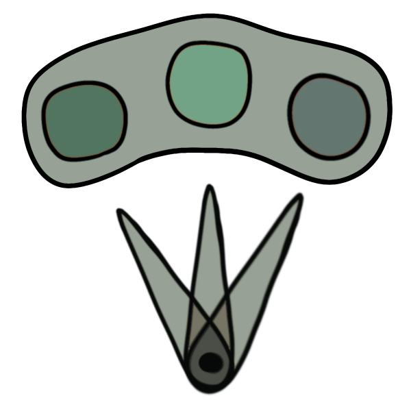 three green circles inside a grey blob. Below them is a silver-green needle like dial that points to all three green circles in the blob